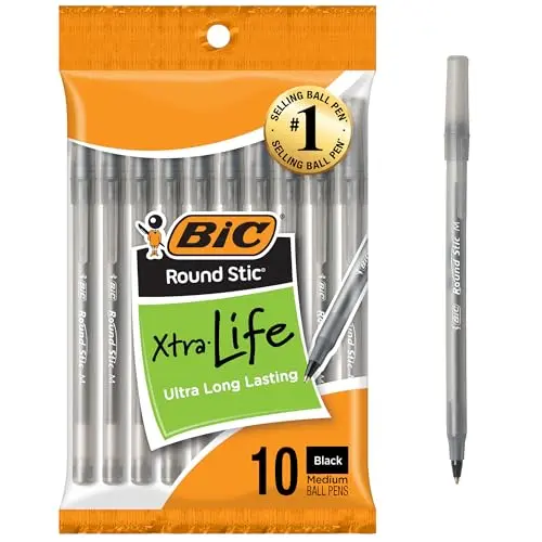 BIC Round Stic Bolígrafo Negro, Punta Media 1.0mm, Pack de 10