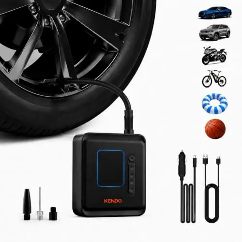 Compresora de Aire Portátil KENDO 150 PSI, Inflación Rápida y Fuente Doble de Energía