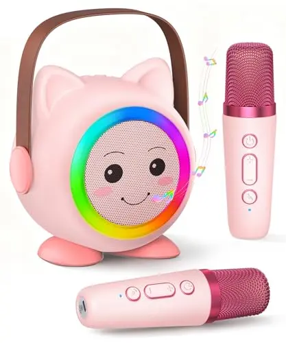 Mini máquina de karaoke para niños con 2 micrófonos inalámbricos, Rosa