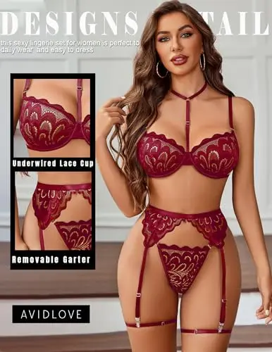 Avidlove Conjunto Lencería Sexy 3 Piezas con Bralette, Tanga y Suspensorio Rojo Vino - imagen 2