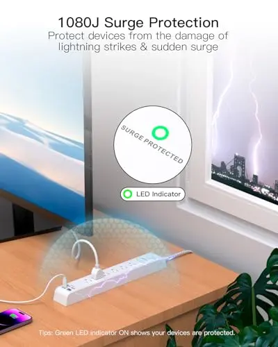 Regleta de Sobrevoltaje 10 ft con 4 Puertos USB y 6 Salidas AC, Montable en Pared - imagen 3