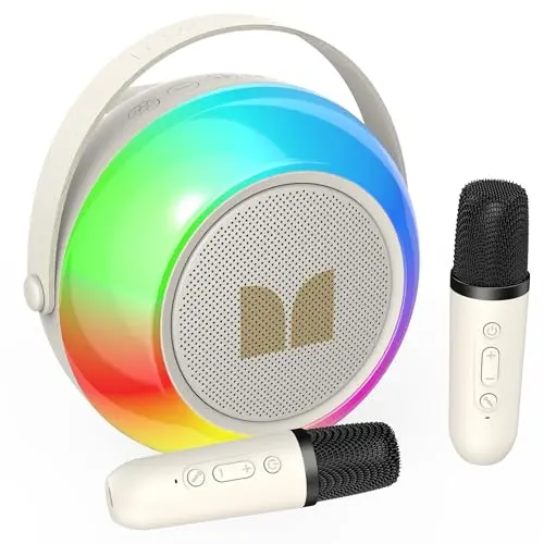 Máquina de Karaoke Monster Mini: Bluetooth, 2 Micrófonos Inalámbricos y Luces Coloridas para Niños y Adultos