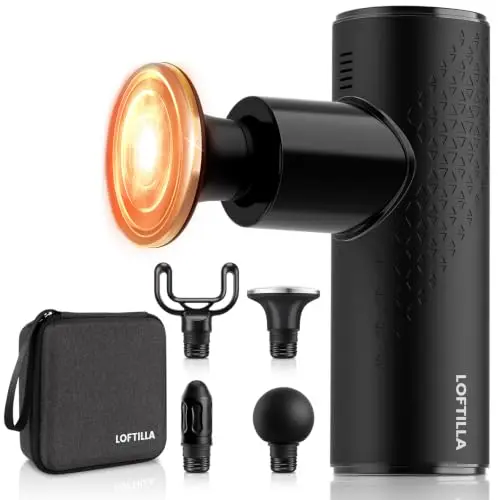 LOFTILLA Mini Massage Gun: Calor, 6 Velocidades, 4 Cabezas - Portátil y Silenciosa