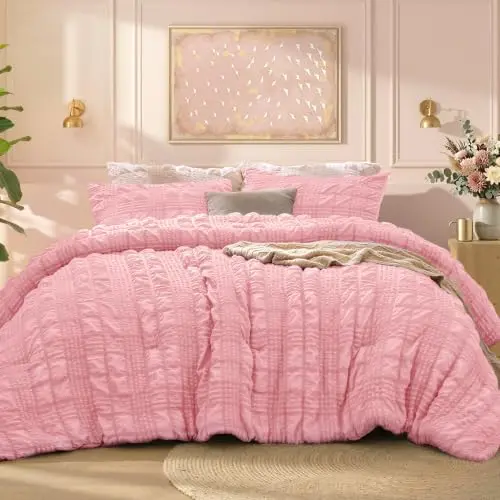 Juego de Edredón Queen BEDELITE, 3 Piezas en Textura Seersucker Rosa