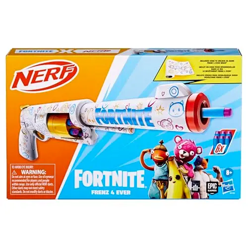 Nerf Fortnite Frenz 4 Ever Blaster, código de bonificación para desbloquear Frenz 4 Ever Wrap en el juego, 6 dardos de élite, tambor de 6 dardos.