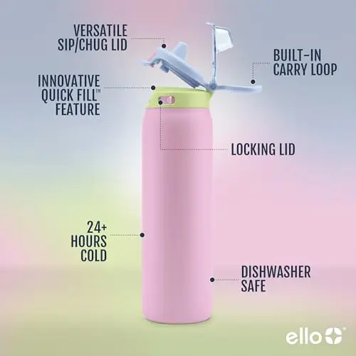 Botella de Agua de Acero Inoxidable Ello Pop & Fill 22oz con Tecnología de Relleno Rápido y Doble Pared - imagen 3