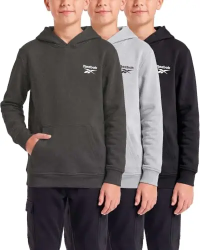 Reebok Pack de 3 Sudaderas con Capucha Fleece para Niños | Tallas 6-18, Con Bolsillo Canguro