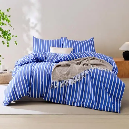 Funda Nórdica de 100% Algodón Clásica y Atractiva, Reina, Rayas Azules y Blancas