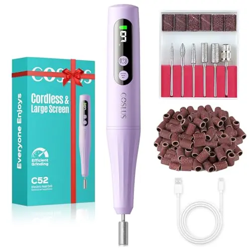 COSLUS C52: Taladro de Uñas Inalámbrico con Pantalla LED y 9 Velocidades, Kit Morado