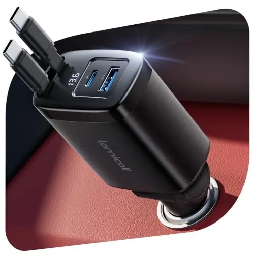 Cargador de coche Lamicall 87W Retráctil USB C, Carga Rápida y Doble Cable Type C