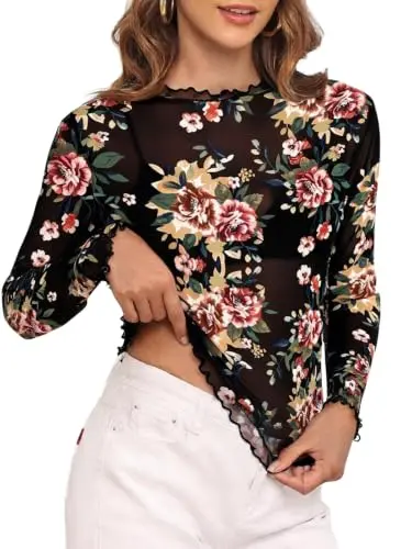 YVH Camiseta Larga de Manga con Estampado Floral para Mujer, Versátil y Ligera