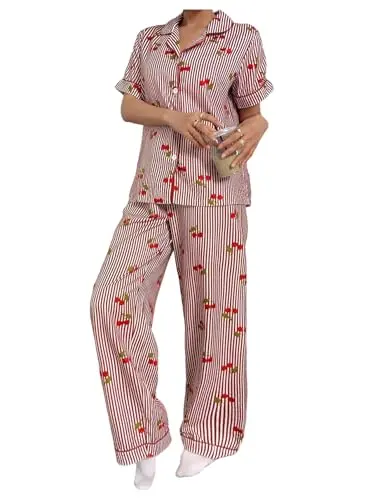 Conjunto de Pijamas WDIRARA de Rayas para Mujer, Estampado de Cerezas, 2 Piezas, Rojo
