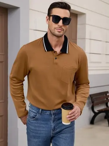 Polos de algodón de manga larga para hombre, polos de moda, camisetas clásicas básicas de trabajo con cuello y bolsillo - imagen 4
