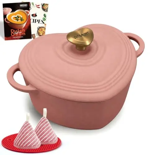 Olla de Hierro Fundido Enameleda Overmont - Mini Olla en Forma de Corazón de 2QT Rosa para Comidas Acogedoras