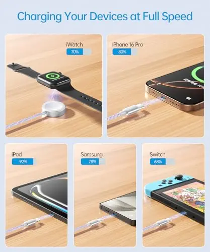 Wtinquik Cable Multifuncional Carga Rápida 3 en 2 para Apple Watch y iPhone, 4FT, Púrpura - imagen 2