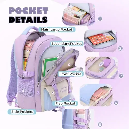 Mochila Kawaii TYHOTULY para Niñas - Gran Capacidad, Diseño Ergonómico, Material Resistente (Morado) - imagen 3