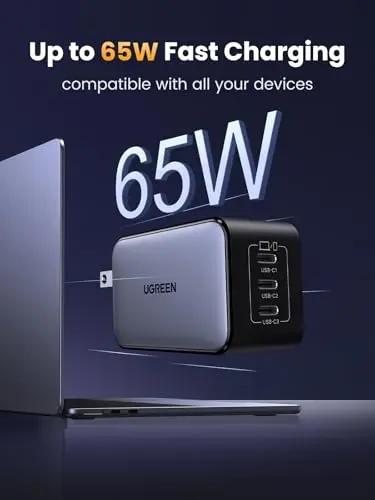 Cargador UGREEN Nexode 65W GaN USB C, 3 Puertos Tipo-C para Carga Rápida y Compatibilidad Amplia - imagen 2