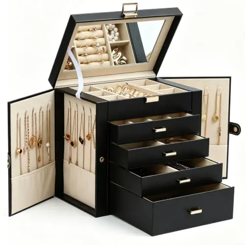 Caja de Joyería BOOVO Grande para Mujeres, Organizador de Joyas 5 Capas (Negro)