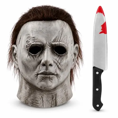 Máscara de Halloween ASANCU - Máscara de látex realista para adultos con cuchillo de prop