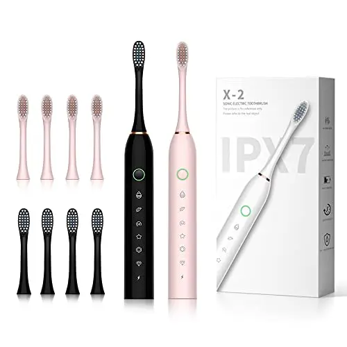 SUNPRO Pack de 2 Cepillos de Dientes Eléctricos Sonic: 42,000 VPM, 6 Modos y 60 Días de Uso