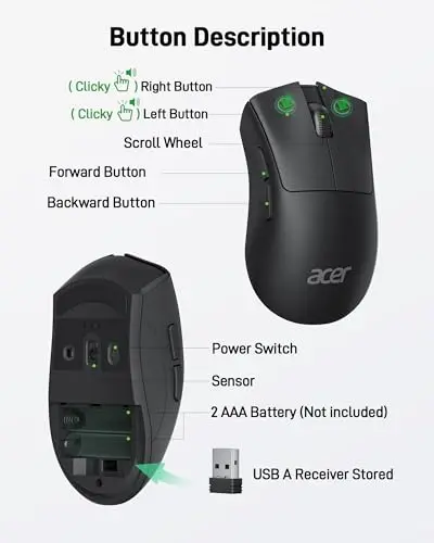 Ratón Inalámbrico Acer 1200 DPI: Ligero, Conectividad 2.4GHz, 5 Botones, Compatible con Windows, macOS, Android - imagen 4