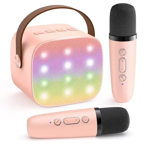 YLL Máquina de Karaoke Portátil con 2 Micrófonos Inalámbricos y Luces LED para Niños