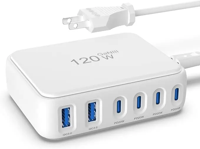 6 estaciones de carga USB rápida independientes, tira de alimentación USB, bloque de cargador USB C, múltiples puertos, concentrador de