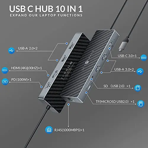 Estación de Acoplamiento USB C 10 en 1 con HDMI 4K, Ethernet 1000M y PD 100W - imagen 2