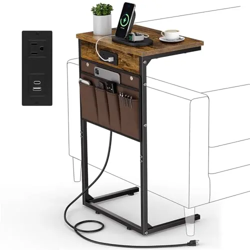 Mesa Final C Vagusicc con Carga USB, 28" para Sofás y Espacios Reducidos, Madera Café