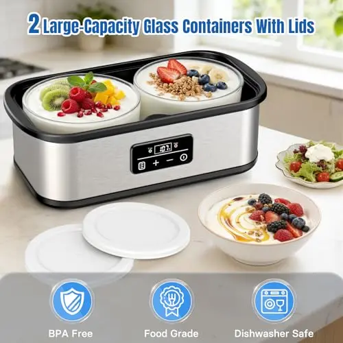 Yogurtera Cewajbaa: Control de Temperatura, Temporizador Automático y 2 Contenedores de Vidrio - imagen 3