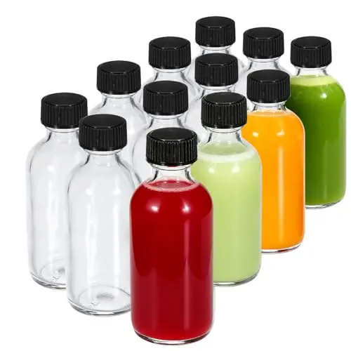 JohnBee 12 botellas de vidrio redondas de 2 oz (60ml) con tapas y herramientas incluidas