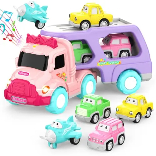 LASCOTON Camión de Transporte 5 en 1 para Niñas de 1 a 3 Años, con Luz y Sonido, Regalo Rosa