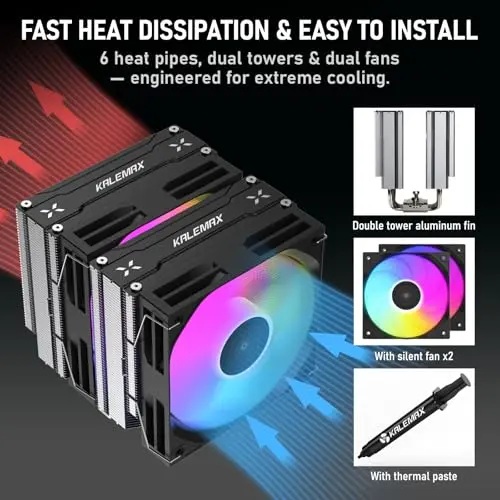 Kalemax CPU Cooler: Doble Torre, 6 Heat Pipes, Ventiladores ARGB de 120mm, 2000RPM para AMD e Intel - imagen 3