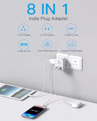 Adaptador de viaje HANYCONY tipo D: 4 salidas y 4 puertos USB (2 USB C) para India y más - imagen 2