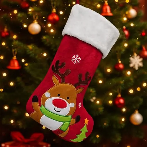 Calcetines de Navidad de Renos, 20" de Terciopelo 3D, Adorables Animales para Niños y Decoración Festiva