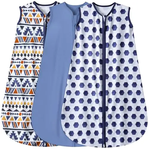 BSTOPPT 3 Pack Saco de Sueño Bebé 100% Rayon Algodón, 2 Zippers, TOG 0.3 (Fútbol&Triángulos&Azul, 6-12 Meses)