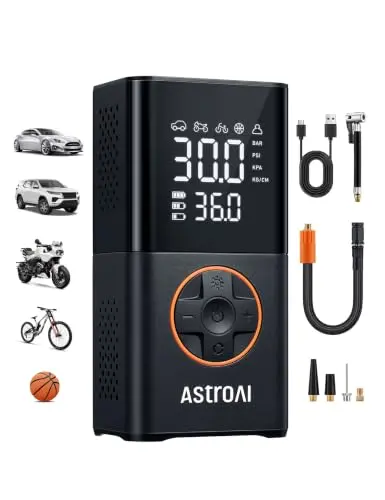 AstroAI Inflador de neumáticos L7, compresor de aire portátil, inalámbrico, mini bomba de bicicleta con pantalla digital de valores dual