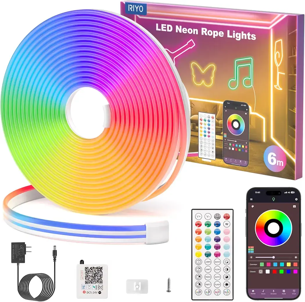 Cuerda de luces de neón de 20 pies con sincronización remota de música
IP67 impermeable, luces de neón flexibles para dormitorio, juegos, fiesta,