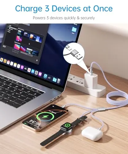 Wtinquik Cable Multifuncional Carga Rápida 3 en 2 para Apple Watch y iPhone, 4FT, Púrpura - imagen 4