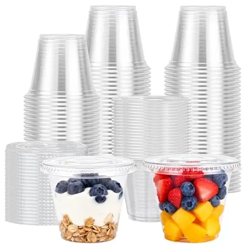 Lamosi 200 Pack de Vasos Plásticos de 9 oz con Tapas Sin Agujero, Ideales para Postres y Bebidas