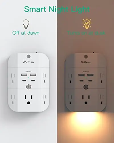 Extensor de Enchufe con Luz Nocturna - 5 Salidas y 4 Puertos USB (2 USB C) para Hogar y Oficina - imagen 2