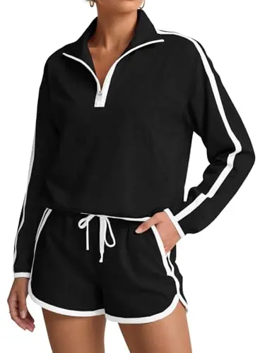 Conjunto Fisoew de 2 piezas: Sudadera con media cremallera y pantalones cortos para mujer