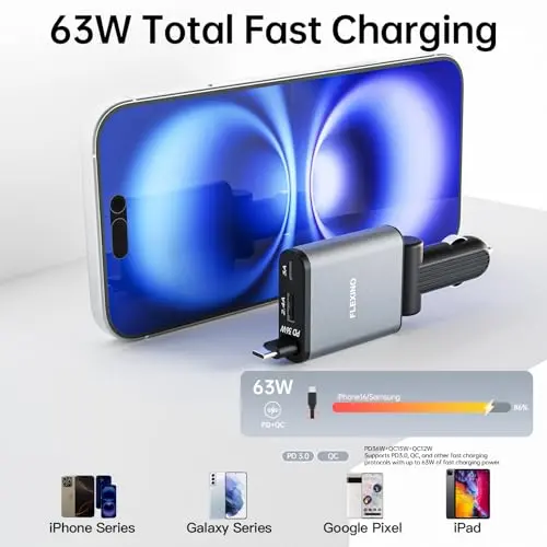 Cargador de coche Flexino Ultra-Slim 63W con cable retráctil de 2.6ft para iPhone 16 y más. - imagen 3