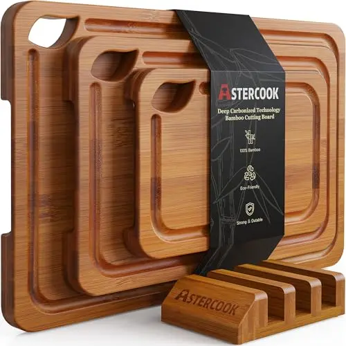 Tablas de Cortar de Bambú Carbonizado con Soporte para Cocina - Set Reversible y Ecológico