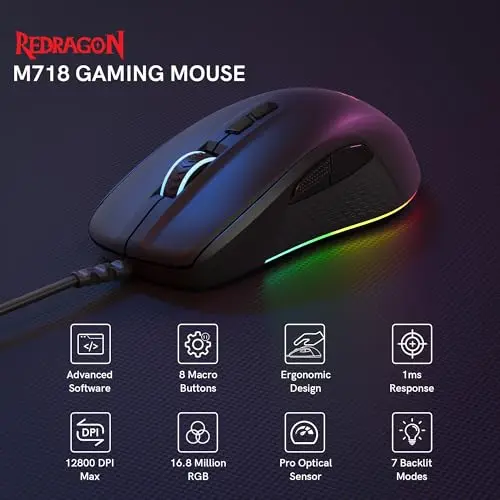 Ratón Gaming Redragon M718-AIR, 12800 DPI, 7 Botones Macro, RGB, Confort Ergónomico - imagen 2