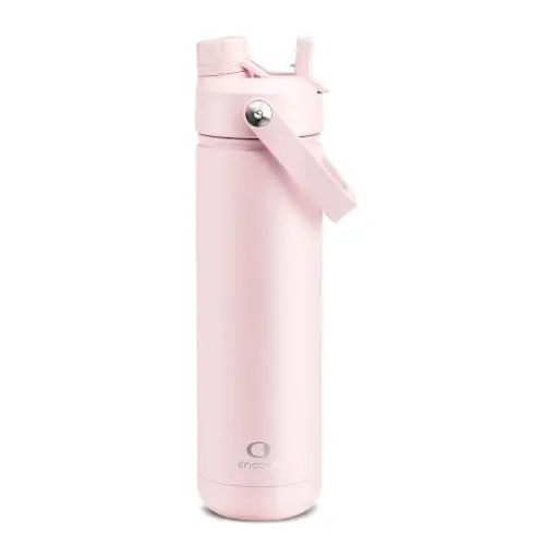 ENCOOL Botella de Agua Aislada de Acero Inoxidable, 24h Fría, con Popote, 26 oz, Color Algodón de Azúcar