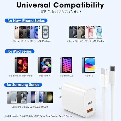 Cargador rápido 20W USB-C para iPhone 17/16/15 - Incluye cable de 6ft - imagen 2