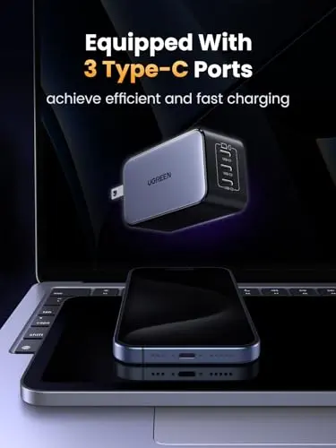 Cargador UGREEN Nexode 65W GaN USB C, 3 Puertos Tipo-C para Carga Rápida y Compatibilidad Amplia - imagen 4