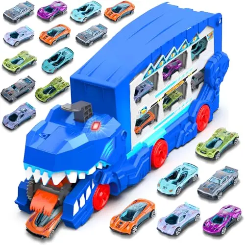Set de Carreras de Dinosaurios con Camión Transportador y 8 Coches Metálicos para Niños