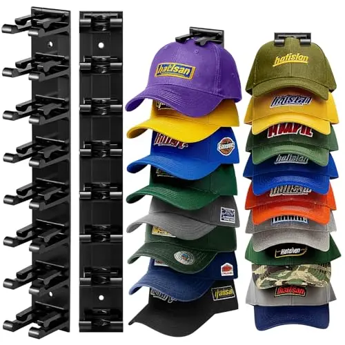 Organizador de Gorras para 16 Gorras, 2 Pack de Perchas para Pared y Puerta (Negro)